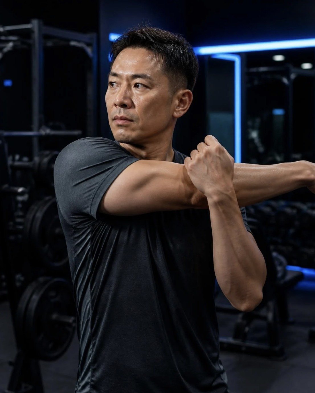 Man stretching his shoulder in the gym