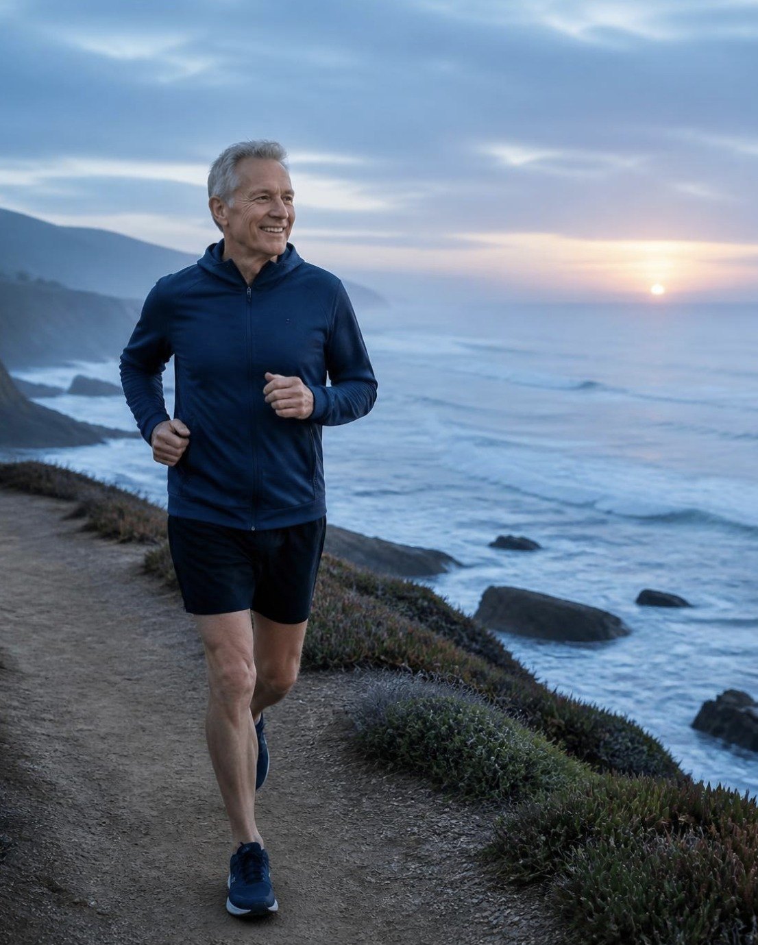 Active older man jogging on a coastal trail at sunrise