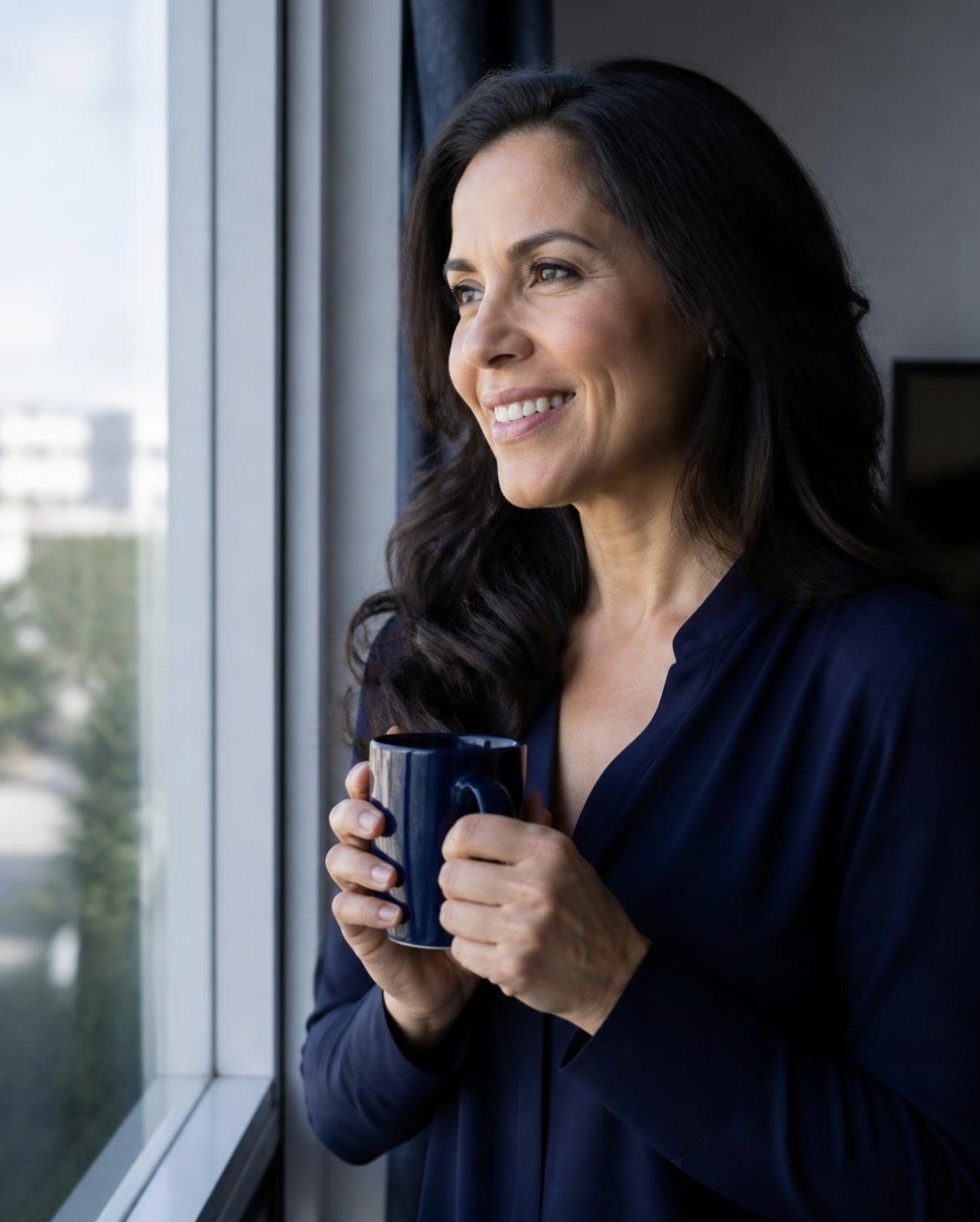 Woman smiling by a window with her morning coffee