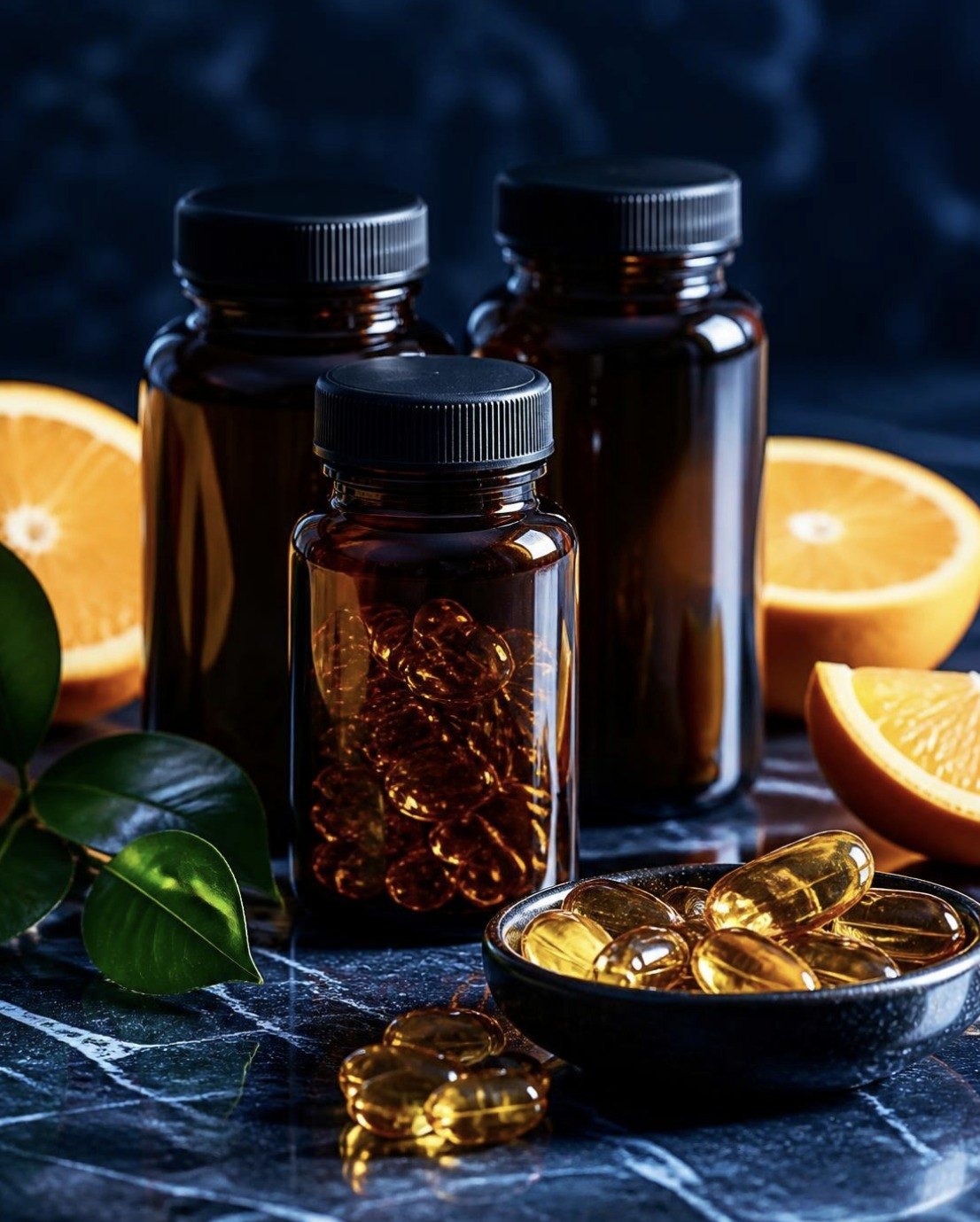 Supplement softgels and amber bottles with fresh oranges