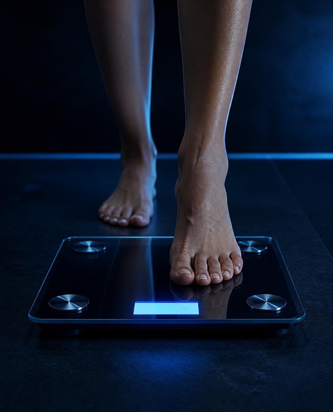 Bare feet stepping onto a glowing digital scale